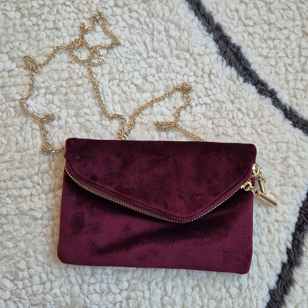 Altar'd State Burgundy Velvet Clutch with Gold Chain